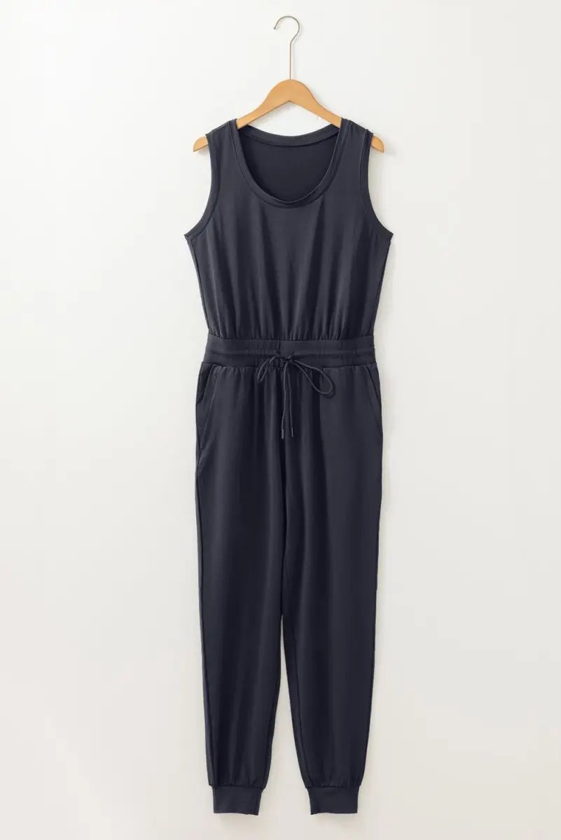 Black Casual Tank Style Tie Waist Pocketed Jogger Jumpsuit for Women - Love Salve